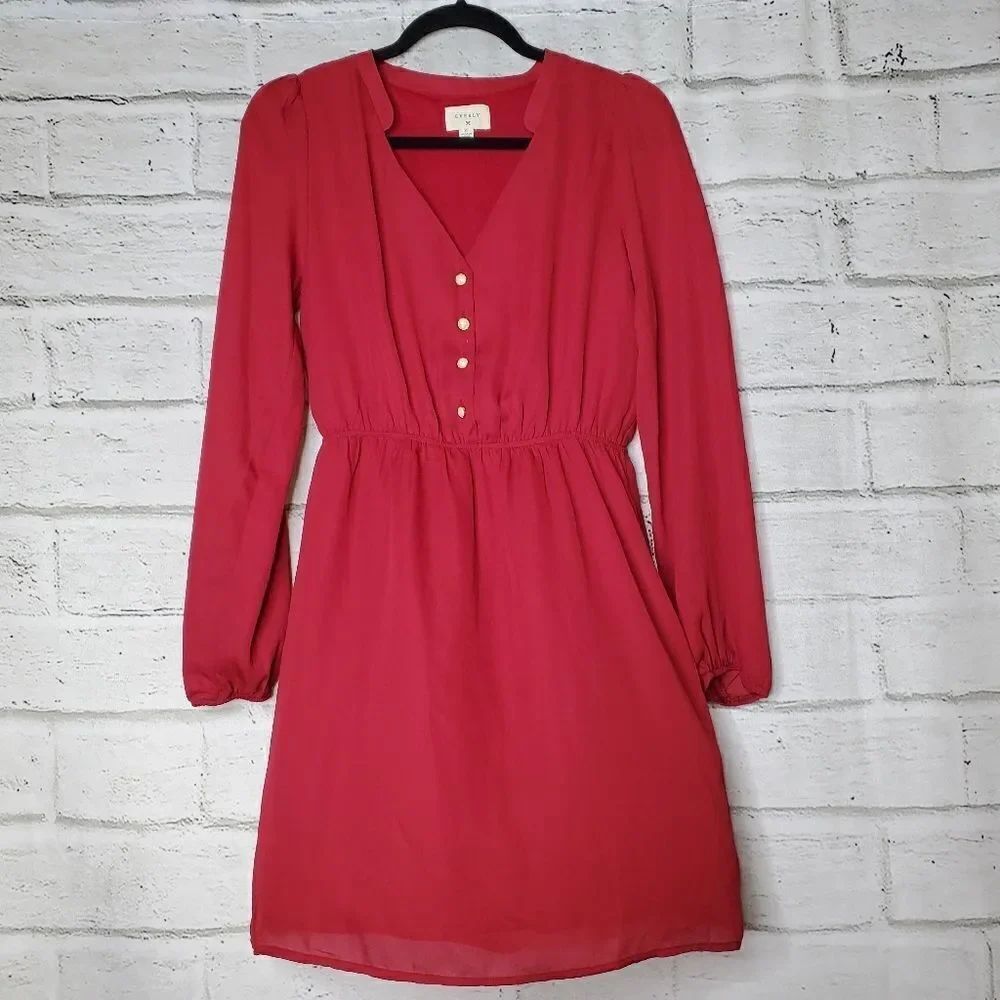 Everly Red Long Sleeve Dress pearl button size small lined